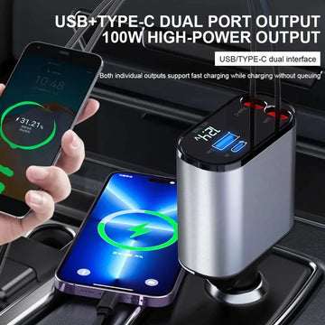 4 In 1 Retractable 120W Super Fast Car Charger