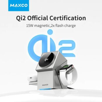 MAXCO Qi2 3-in-1 Wireless charger with Auto-Rotating Phone Dock compatible with MagSafe